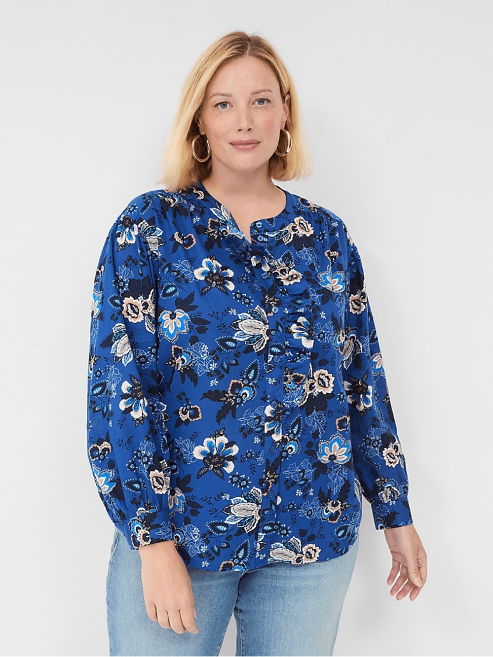 Lane Bryant Royal Blue Floral Button-Up Blouse - Picture 9 of 9